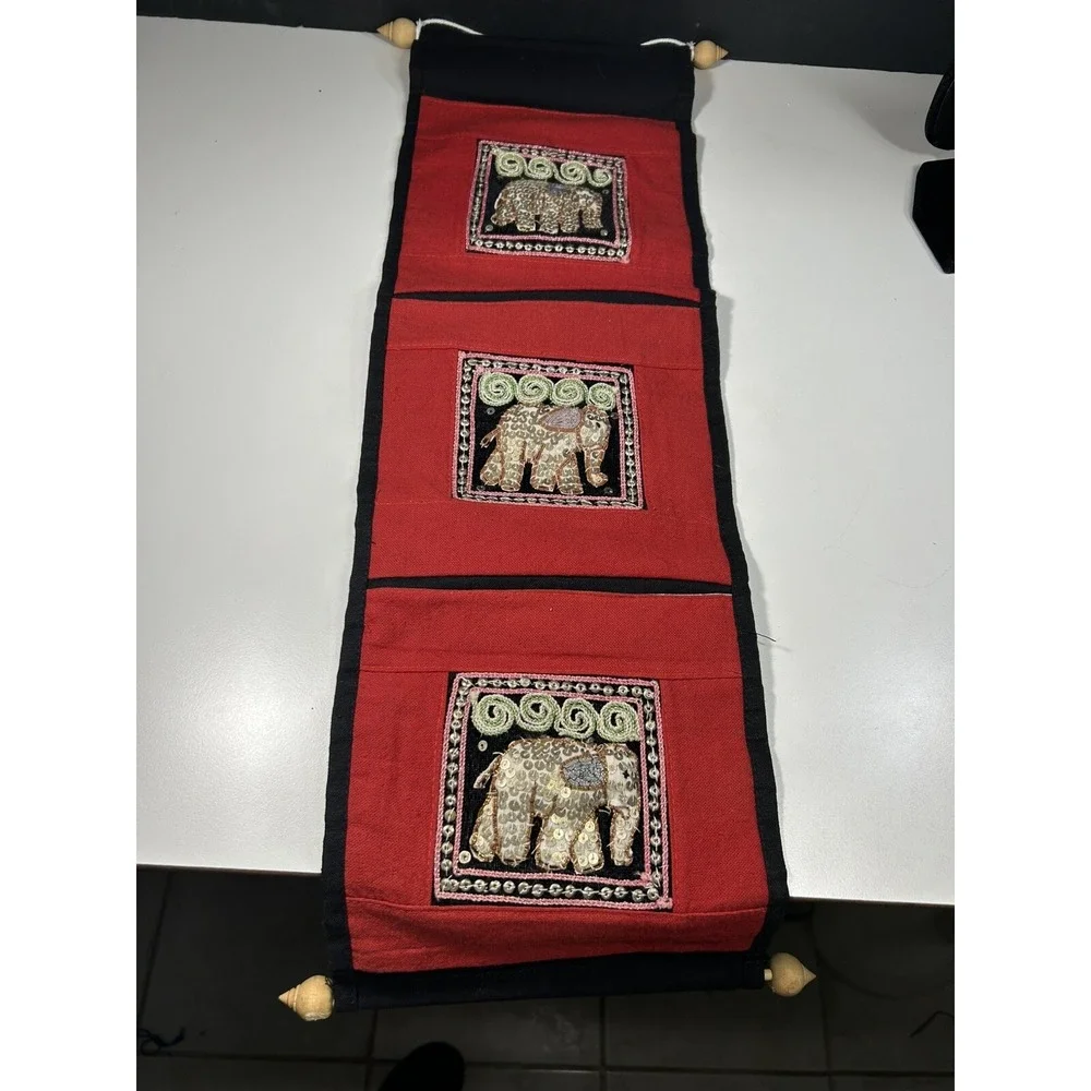 Wall Hanging Sequin Bejeweled Tapestry w/ Elegant Elephants, Pockets